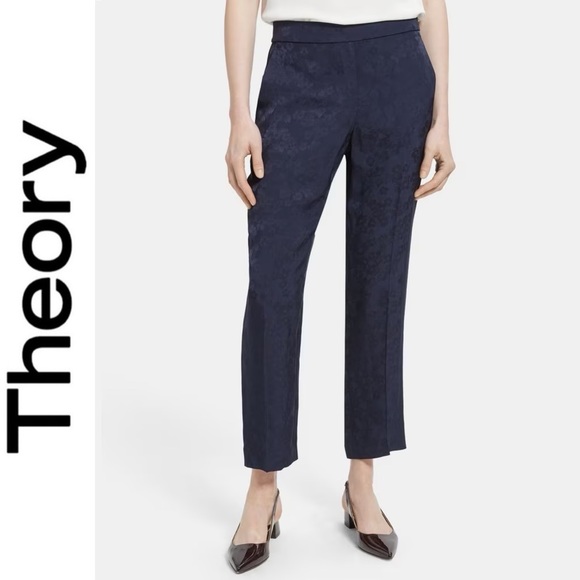Theory Slim Pull On Pant in Viscose Jacquard Floral Navy Blue Ankle Trousers 6 - Picture 1 of 15